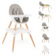 5-in-1 baby wooden high chair in gray with removable cushion and adjustable tray for safe feeding and playtime.