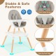 5-in-1 baby wooden high chair in gray with sturdy beechwood legs, 5-point safety harness, and anti-slip foot pads.