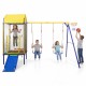 Kids enjoy the 5-in-1 swing set with a trampoline, slide, and swings, designed for safe outdoor fun in the backyard.