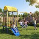 5-in-1 kids swing set with slide, trampoline, and swings in yellow, perfect for backyard fun and family bonding.