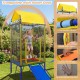 Kids enjoying the 5-in-1 swing set with trampoline, slide, and protective roof for safe outdoor fun.