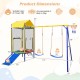 5-in-1 kids swing set with slide, trampoline, and swings, featuring a sturdy metal frame for safe outdoor play.