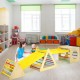 Kids triangle climber play gym set with two ramps, made of sturdy wood, designed for climbing and sliding fun.