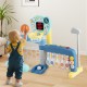 Toddler reaching for the adjustable basketball hoop on the 5 in 1 sports toy, promoting motor skills and coordination.