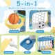 5-in-1 toddler sports toy featuring adjustable basketball hoop, soccer, golf, baseball, and bowling for fun playtime.