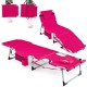 Pink 5-position outdoor folding chaise lounge chair with adjustable footrest, removable pillow, and cup holder for.