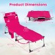 Dimensions of the pink 5-position outdoor folding chaise lounge chair, featuring adjustable backrest and footrest.