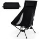 High back portable camping chair in black with compact carry bag and built-in pillow, ideal for outdoor activities.