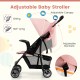 Adjustable baby stroller in pink with canopy, 5-point harness, and multi-position reclining seat for travel convenience.
