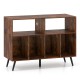 Rustic brown record player stand with open shelves, 4 compartments, and charging station for stylish vinyl storage.