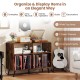Record player stand in rustic brown with open shelves, ample storage for vinyl records, and charging station features.
