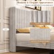 Queen size velvet bed frame with vertical channel tufted wingback headboard in white, showcasing modern elegance and.