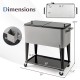 Portable gray patio cooler dimensions with a removable lid, bottom storage shelf, and drainage plug for easy use.