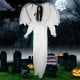 6.6 feet Halloween animatronic angel with light-up red eyes, flapping wings, and poseable arms for spooky decorations.