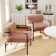 Two brown velvet upholstered accent chairs with cylindrical backrests and metal armrests, ideal for living room comfort.