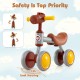 Brown baby balance bike with 135° limit steering, EVA foam wheels, and cute horse head design for safe indoor and.