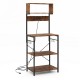 5-tier microwave stand in rustic brown with power outlet, 4 shelves, and 10 hooks for versatile kitchen storage.