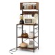 5-tier microwave stand in rustic brown with power outlet, open shelves, and 10 hooks for versatile kitchen storage.