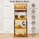 5-tier microwave stand in rustic brown with open shelves, power outlet, and 10 hooks for versatile kitchen storage.