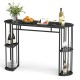 Narrow 60-inch bar table with faux marble top and black metal frame, featuring semi-circular storage shelves for modern.