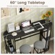 Narrow 60-inch black bar table with faux marble tabletop and double storage shelves, ideal for small kitchens or living.