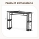Narrow 60-inch bar table with faux marble tabletop and black metal frame, featuring semi-circular storage shelves.