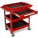 Red rolling tool cart with three trays, a sliding drawer, and ergonomic handle for easy mobility and storage.