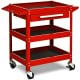 Red rolling tool cart with three trays, a drawer, and organizer shelf, made of heavy-duty steel for garage storage.