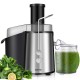 Electric juice press with stainless steel design, 75mm wide feeder chute, ideal for whole fruits and vegetables.