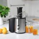 Electric juice press with stainless steel design, 75mm wide feeder chute, perfect for whole fruits and vegetables.