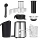 2 Speed Electric Juice Press components including feeder chute, juice container, and cleaning brush for easy assembly.