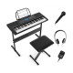 61-key electronic keyboard piano starter set with stand, bench, headphones, and microphone for beginner musicians.