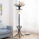 Black wood standing coat rack with umbrella stand, highlighting a stylish 2-layer design and smooth finish, perfect for.