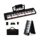 61-key foldable electronic piano keyboard in black with MIDI function, headphones, and portable bag for easy transport.