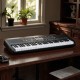 61-key electric keyboard with adjustable stand and stool, featuring faux wood grain keys for beginners' music practice.