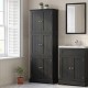 Tall black bathroom storage cabinet with six doors and adjustable shelves, ideal for organizing various spaces.