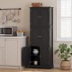 Tall black bathroom storage cabinet featuring 6 doors and adjustable shelves, ideal for organizing various spaces.