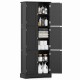 Tall black bathroom storage cabinet featuring six doors and adjustable shelves for versatile organization and easy access.