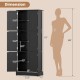 Tall black bathroom storage cabinet with 6 doors, adjustable shelves, and anti-toppling devices for versatile organization.