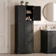 Tall black bathroom storage cabinet featuring 6 doors, 3 adjustable shelves, and a sleek design for versatile use.