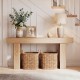 Natural wood console table with storage baskets, perfect for farmhouse entryways and living rooms.
