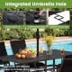 Rectangle metal patio dining table with integrated umbrella hole, seats 6, ideal for outdoor dining spaces.