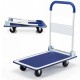 Folding platform cart dolly with a blue vinyl surface, 660 lbs capacity, featuring swivel and regular wheels for easy.