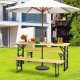 Outdoor wood folding picnic table with adjustable heights, featuring a spacious tabletop and umbrella hole for sun.