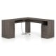 L-shaped dark gray computer desk with ample workspace, built-in charging station, and pull-out keyboard tray for.