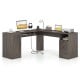 L-shaped dark gray computer desk with ample workspace, charging station, and storage drawers for organized office use.