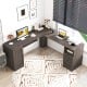 L-shaped dark gray computer desk featuring a sleek design, adjustable shelf, and cable management for a tidy workspace.