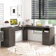 L-shaped dark gray computer desk with ample workspace, charging station, and pull-out keyboard tray for organized use.
