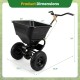 Walk-behind broadcast spreader with a 66 lbs capacity, 13-inch all-terrain tires, and adjustable flow control for efficient spreading.