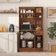 66-inch brown pantry cabinet featuring a microwave stand, charging station, adjustable shelves, and wine glass holder.